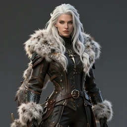 dragon hunter wearing a fur - lined dragonhide jacket!!! beautiful and gorgeous wild white long haired female!! symmetry, character concept art, sharp focus, illustration, art by artgerm! greg rutkowski magali villeneuve wlop! ilya kuvshinov!! charlie bowater! octane render, unreal engine 5, highly rendered!