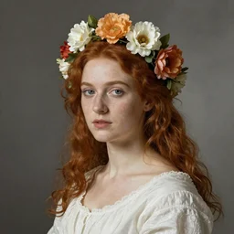 “portrait of a redhair women with flowers over her head and a white dress, diego velazquez style, sharp focus, detailed”