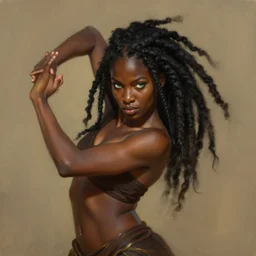 portrait of combat dancer, female, black skin, green eyes, dreadlock black hair, high fantasy, arabian nights inspired, smooth, sharp focus, digital painting, by artgerm and greg rutkowski and alphonse mucha
