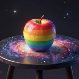 a a rainbow apple on a galaxy coloured table in the style of waya steurbaut made by waya steurbaut an rendered in a program waya3d, cinematic, epic, legendery, dark comedy, fun, inspiring, mind blowing camer shot sharp focus, detailed, digital painting, artstation, concept art, sharp focus, illustration, art by wlop and greg rutkowski