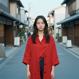 woman, beautiful asian, standing in front of the camera, in a japanese street, emotionless, fed up, medium shot, red and blue, broad light, sketch