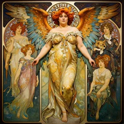 hyper-realistic detailed full body portrait of attractive overweight, plus-sized model mature woman with angel wings by Alphonse Mucha, Ayami Kojima, Amano, Charlie Bowater, Karol Bak, Greg Hildebrandt, Jean Delville, and Mark Brooks, Art Nouveau, Neo-Gothic, gothic, rich deep colors