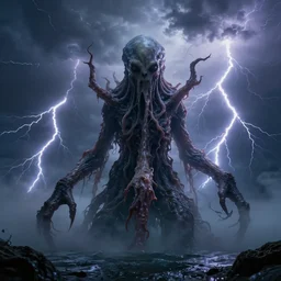 concept art of a slimy cthulhu emerging from the ocean, centered composition, thalassophobia, multiple illuminated lightning!!!, thunder!!!, lightning, sharp focus, ultra detailed, hyperrealism, volumetric, amazing depth, by jeremy mann, hr giger, unreal engine highly rendered, ominous, unsettling, misty, cinematic lighting, 8 k resolution