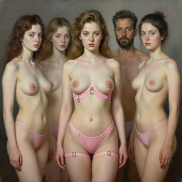pop surrealism, lowbrow art, realistic seductive cute woman painting, pink body harness, hyper realism, muted colours, rococo, natalie shau, loreta lux, tom bagshaw, mark ryden, trevor brown style,