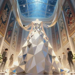 shogun of polygonal dress with giant walls and glass ceilings showing the stars and hanging silk drapery and tapestries, light dust, magnificent, close up, details, sharp focus, elegant, highly detailed, illustration, by Jordan Grimmer and greg rutkowski and PiNe(パイネ) and 薯子Imoko and 香川悠作 and wlop and maya takamura, intricate, beautiful, Trending artstation, pixiv, digital Art