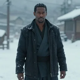 a film still of a black man in the snow starring in a japanese blockbuster film tekken 7, shallow depth of field, cinematic, award winning cgi, vfx, film still