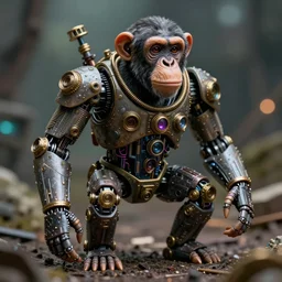 chimpanzee!!! robot. 3 5 mm dof photograph, cyberpunk, steampunk