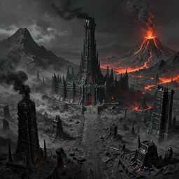 Black sharp stone wasteland, black steel buildings, black smoke, giant black tower fortress, black mountains, warforges, volcanos, lava,  a fantasy digital painting by Greg Rutkowski and James Gurney, trending on Artstation, highly detailed