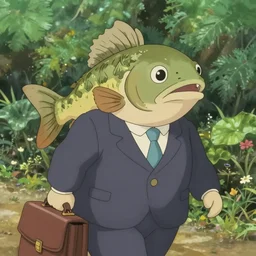 anthropomorphic trout in suit with briefcase on way to work, business fish, miyazaki, fish face, studio ghibli, movie still, lush background, cinematic, highly detailed, piscine yuppie, anime