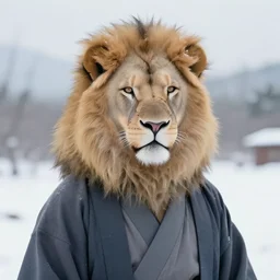 aesthetic half body portrait commission of a albino male furry anthro lion wearing a Kimono, detailed face , hyperdetailed,  snowy winter atmosphere. Character design by charlie bowater, ross tran, artgerm, and makoto shinkai, detailed, inked, western comic book art, 2021 award winning painting