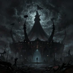 a dark fantasy matte painting of a dark evil carnival circus silhouetted by an evil dramatic sky, jeff easly, keith parkinson, world of warcraft, league of legends