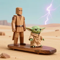 wooden jedi, speeder piloted by yoda, wooden board, mahogany, tatooine, nordic pastel colors, perfect lightning