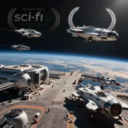 “sci fi space landscape depicting a space port and spaceships docking and taking off into the atmosphere”