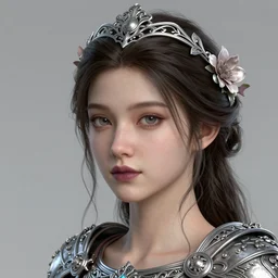 complex 3 d render, ultra detailed, realistic headshot portrait of a beautiful porcelain skin woman, face, wispy, wavy hair worn tied back in a messy bun, wearing filigree silver elven circlet, floral filigree breastplate armor, detailed open eyes, round catchlights, flowers in hair, mauve lips, 5 0 mm lens, beautiful, studio portrait,
