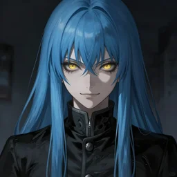 full face shot of rimuru tempest, sky blue straight hair, long bangs, gold eyes, smug, wearing a fancy black jacket, high collar, ultra detailed, brush strokes, digital painting, cinematic, artstation wlop, closeup, pixiv, eerie, scary, haunted, spooky, yoshitaka amano, junji ito,