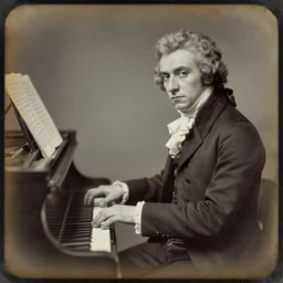a decayed daguerreotype of mozart playing a piano, vintage