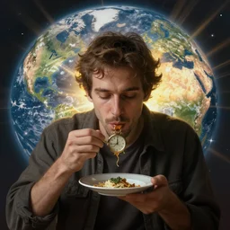 a man eating the concept of time as the world around him crumbles, esoteric, optical illusion, illuminati
