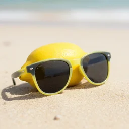 a lemon wearing sunglasses relaxing on the beach, photography micro shot