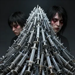 gigantic mountain of syringes by junji ito and francis bacon, hunter s thompson feeling of grimdark, sharp focus, fiction, hyper detailed, digital art, trending in artstation, cinematic lighting, studio quality, smooth render, unreal engine 5