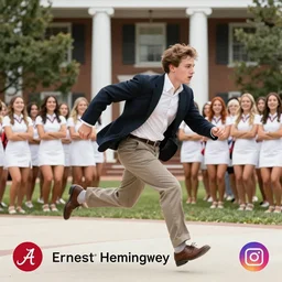 photorealism, Ernest Hemingway rushing Sororities at the University of Alabama, social media, instagram, photographic.