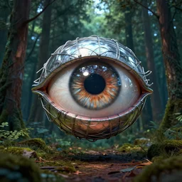 realistic detailed photo rendered in octane 3 d, a big eye wrapped in wires floats above the ground in a dense forest by john taylor dismukes, by dave lafleur, luis royo artwork, smooth shading, ultra detailed, high resolution, cinematic, chrome art, rich deep colors, unreal 6