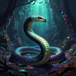 digital basilisk serpent in a dark abyss , glitch art , chromatic aberration