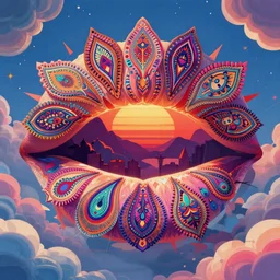[ palate ] [ vibrant gothic colors ] clouds made of paisleys, psychedelic sunrise, giant ship crossing an alien ocean, vibrant lighting, 8 k resolution, octane render, award winning composition,