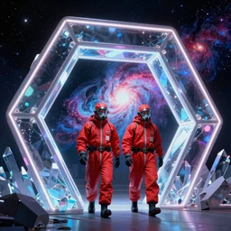 two scientists wearing red hazmat suits, entering the geometric neon crystal dimensional gateway by frank frazetta. glowing nebula background.