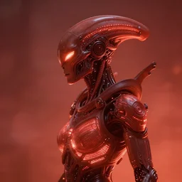 sophisticated portrait of glowing, warm, reddish, atmospheric, misty, leds, futuristic cybernetic warrior alien in profile, highly intricate, detailed humanoid, trending on artstation
