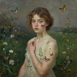 an oil painting of a beautiful young girl posing for in the backdrop of lush meadows, flowers and little plants are growing on her body and face, and the girl is surrounded by butterflies, gloomy atmosphere, an award winning oil painting by Rembrandt