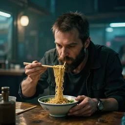 bearded man eats noodles at a night - time street bar. ants eye view. blade runner, dystopian, 4 k, photo realism, trending on artstation, atmospheric, soothing. cyberpunk.