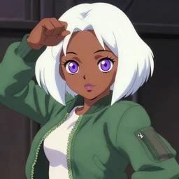 anime poster film still portrait of a black young woman, large, purple eyes, white hair!!!!!, french bob, green bomber jacket, detailed facial features, dynamic pose, cute face by ilya kuvshinov, yoh yoshinari, makoto shinkai, rimlight, cel shaded, 4 k