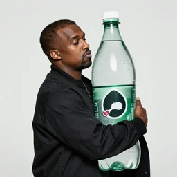 kanye west hugging a giant bottle of sparkling water