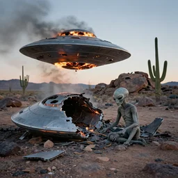 crashed burning UFO broken flying saucer in pieces strewn across a rocky desert, with a sad Roswell grey alien trying to repair his destroyed spacecraft in the desert, crashed smoking UFO, crashed bent and broken Flying Saucer, cactus and rocks in the background, dusk, Nikon photo