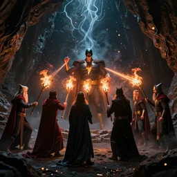 Six wizards standing in dark cave and shoot fireballs and energy beams from their magic staffs at DV character Black Adam, dark ancient atmosphere, full of glowing sparks floating randomly around and dramatic lighting, fluid particles rising from ground, great digital art with details, by Lee Madgwick and Martin Johnson Heade