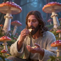 jesus eating psilocybin mushrooms, hallucinations in the background, digital art, artstation, octane render, 4 k, high quality, high details,