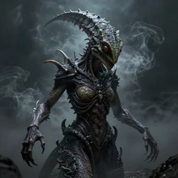 a human being possessed by a 4th dimensional reptilian which controls her from behind, spooky, dark, creepy, trending on artstation, intricate detail, smokey