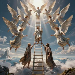 intricate concept image of jacob's dream, genesis bible story, angels going up and down in a ladder from heaven to earth, hyper realistic, ultra detail, octane render, cinematic lighting, volumetric lighting, 8 k, trending i. artstation