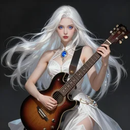A beautiful mysterious girl with cobalt-blue eyes and silky white hair, guitar shape build, her wardrobe is attractive, full body, fantasy art, in the style of Frank Neidhardt, illustration, epic art, fantasy, intricate, elgant, amazing detail, digital painting, artstation, concept art, smooth, sharp focus