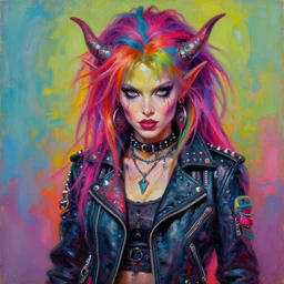 portrait of a scifi apocalyptic demonic orc goblin female biker babe character, cool pose, psychedelic vibrant colors, futuristic punk rock fashion, oil painting by michael whelan art, sharp focus, realistic, detailed eyes, 8 0 s hair, studded leather jacket, 8 k, artgerm