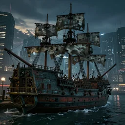 a battered pirate ship pulls into the port of night city cyberpunk 2077, close up, hyper realistic, cinematic, high energy, twilight