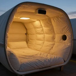 inside cozy luxurious curved sleep-pod with wall to wall padding and sound system, golden ambient lighting, XF IQ4, 150MP, 50mm, F1.4, ISO 200, 1/160s, dawn