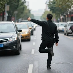 a man standing on one leg in the middle of the street, holding up traffic, photography