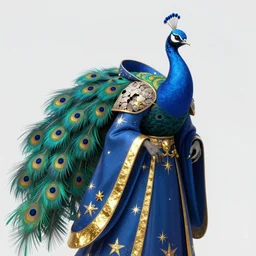 realistic anime of a rich ethereal colorful blue hybrid of a peacock and fox damaged zombie, accented in bright metallic gold, wearing star filled mage robes and excessive amounts of golden jewelry and gems, art by yuji ikehata and satoshi kon, background art by miyazaki, realism, proper human proportions, fully clothed, vhs