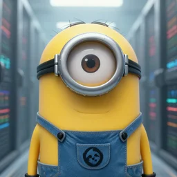 extremely detailed cinematic movie still 3 0 7 7 foggy portrait closeup shot of a minion in an endless data centre by denis villeneuve, wayne barlowe, simon birch, marc simonetti, philippe druillet, beeple, bright volumetric sunlight from small windows, rich moody colors, closeup minion with one eye
