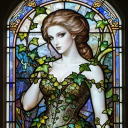 a stunningly detailed stained glass window of a beautiful alison hannigan as poison ivy with white skin and with hair pulled up in a ponytail, dark eyeliner, intricate, elegant, highly detailed, digital painting, artstation, concept art, sharp focus, illustration, art by greg rutkowski and alphonse mucha