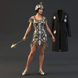 Full Outfit : flapper figure-skating costume or Detailed Outfit : Top : angel sleeves Bottom : hobble skirt Shoes : slips-on Style : snakeskin (Optional) Headwear : tulip hat Outerwear : frock coat Accessory #1 : patches Accessory #2 : magic wand unreal 5, DAZ, hyperrealistic, octane render, dynamic lighting