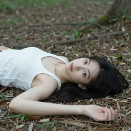 young female, lying on the ground in a forest, she is wearing a yellow velor sweat suit, she is mostly covered by dark colored leaves and twigs