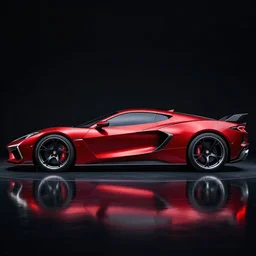 a side view photo of concept corvette car on a reflective black floor, hyper detailed, smooth, high contrast, volumetric lighting, octane, jim lee, giorgetto giugiaro, craig mullins, ian callum, vibrant rich deep color