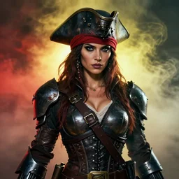 ( symmetry ) closeup portrait of a stunning armored cyborg female pirate captain, strong cinematic light, backlight, red yellow, viscous smoke, ( ( ( realistic fluid simulation ) ) ), mist, by gerald brom, by mikhail vrubel, by peter elson, muted colors, extreme detail, trending on artstation, 8 k